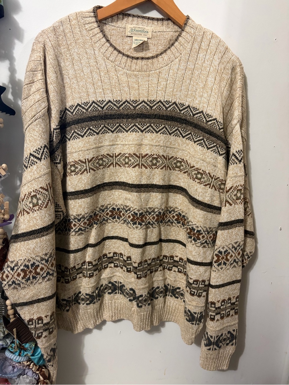 St. John's Bay Beige Fair Isle Crewneck Sweater with Brown & Dark Gray Accents